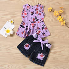 Conjunto de ropa Floral púrpura para bebé y niña pequeña, Top sin mangas con volantes, pantalones cortos Vaqueros, trajes 2024 - compra barato