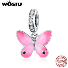 WOSTU 925 стерлингового серебра Подвески Розовый бабочка подвеска животных из бисера, подходят к оригинальному браслету ожерелье для женщин ювелирные изделия CQC1728 2024 - купить недорого
