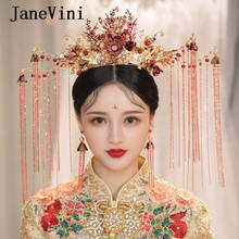 JaneVini 2020 Luxury Chinese Style Hair Crown Beaded Ancient Red Floral Bridal Hairpins Long Tassels Wedding Jewelry Accessories 2024 - buy cheap