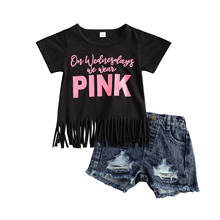 2021 0-6Y Fashion Kids Baby Girl Clothing Short-sleeved Pink Letter Print Tassel T-shirt and Ripped Denim Short Pants 2pcs Set 2024 - buy cheap