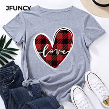 JFUNCY-Camiseta de talla grande 5XL para mujer, camisetas con estampado de letras de amor a cuadros, camisetas de manga corta para mujer, Tops de algodón para mujer 2024 - compra barato