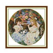 Two little girls cross stitch kit aida 14ct 11ct count print canvas cross stitches stitching  needlework embroidery DIY handmade 2024 - buy cheap