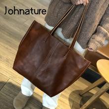 Johnature Casual Tote Women Bag 2022 New First Layer Cow Leather Simple Handbag Large Capacity Solid Color Lady Shoulder Bags 2024 - buy cheap