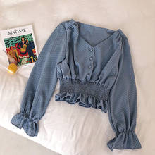 Blusa feminina de bolinhas com babados, camisas vintage de bolinhas com botões frontal elegantes e de cintura fina para mulheres 2019 2024 - compre barato