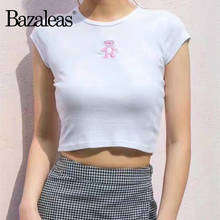 Bazaleas Streetwear Casual harajuku Slim tshirt Punk Crop Top Pink bear embroidery White Women T-shirt Sexy Cropped Shirts 2024 - buy cheap