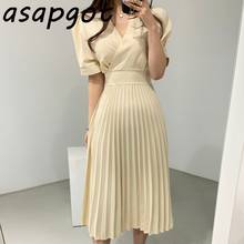 Korean Chic Summer Solid Oversize V Neck Bandage Waist Short Sleeve Pleated Dress Women Vestidos De Mujer Elegant Temperament 2024 - buy cheap