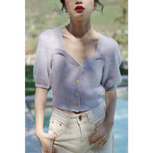 White Cardigan Women Summer 2021 Cropped Tops Purple Sweater Shirt Fashion Puff Sleeve V Neck Single Breasted Knitted Cardigan 2024 - buy cheap