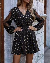 Women Gold Polka Dot Dress Elegant Fashion Lady Sheer Spliced Puff Sleeve Mini Dress A-Line Fall V-neck High-waist Short Dress 2024 - buy cheap