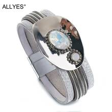 Pulseira de couro feminina allyes, bracelete com múltiplas camadas, em metal, com cristais 2024 - compre barato
