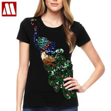 2021 Lady Cotton T Shirts Short Sleeve Peacock Sequins Embroidery Tops For Summer Plus Size T Shirts Black White Women Tees 5XL 2024 - buy cheap