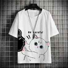 Camiseta informal de manga corta con cuello redondo para hombre, camisa de algodón con estampado, color blanco y negro, ropa de verano de gran tamaño, 2021 2024 - compra barato