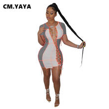 CM.YAYA Women Dress Patchwork Criss-cross Lace Up Hollow Out Sheath Elastic Mini Dresses Sexy Night Club Party Dress Summer 2021 2024 - buy cheap