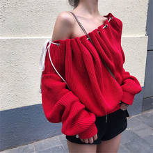 Women New Autumn Korean Fashion Sexy Slash Neck Red Sweater Long Sleeve Loose Casual Puuover Tops Strapless Two-wear Knitwear 2024 - buy cheap