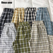 Unua amo Vintage Harajuku Plaid Pants For Women Fashion Wild Casual Elastic High Waist Ankle-Length Pants Straight Trousers 2024 - buy cheap