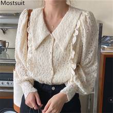 Korean Elegant Lace Women Blouses Tops Full Sleeve Turn-down Collar Ruffles Shirts Vintage Fashion Ladies Blusas Mujer 2021 2024 - buy cheap