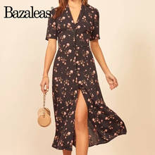 Bazaleas Vintage Pink Flowers Print vestidos France Center Buttons Black Dress Fashion Dresses Vintage Short Sleeve women Dress 2024 - buy cheap