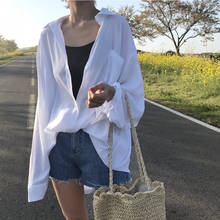 Женская летняя тонкая шелковистая Солнцезащитная длинная белая блузка однобортная рубашка с длинным рукавом свободного размера плюс повседневные топы 2024 - купить недорого