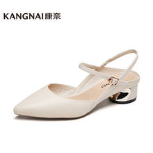 KANGNAI Sandals Women Genuine Leather Pointed Toe Ankle Strap Slip-On Summer Woman Med Heel Office Lady Pumps Shoes 2024 - buy cheap