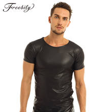 Camiseta de couro falso e manga curta, camiseta com manga curta para homens, camiseta fitness sexy de látex gay, roupa de baixo, para palco, sexy, festa, roupa de balada 2024 - compre barato