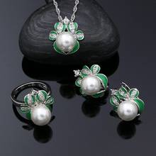 Conjunto de joyería de plata de ley 925, conjunto de joyería de cristal de perla de esmalte verde, anillo con forma de reno, pendientes, collar y colgante 2024 - compra barato