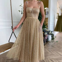 Brilliant Tea-Length Evening Dresses A-Line Spaghetti Straps Sleeveless Backless Sequined Sparkly Party Prom Gown With Belt 2021 2024 - buy cheap