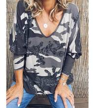 Camiseta holgada de manga larga para mujer, camisa elegante con estampado de cuello en V, talla grande 5XL, Otoño, 2019 2024 - compra barato