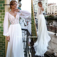 Vestidos De Novia Simple White Chiffon Wedding Dresses Appliques Lace V-Neck Full Sleeve Sweep Train Bridal Gowns Robe De Mariée 2024 - buy cheap