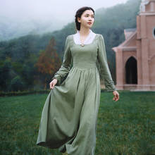 vestido Spring Autumn Women Vintage V-Neck Long Sleeve Elegant Slim Linen Princess Laciness Light Green Long Dress sukienki 2024 - buy cheap