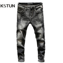 Famous Brand Jeans Pants Men Hip Hop Stretch Autumn And Winter Dark Gray Motocycle Jeans Ripped Distressed Denim Trousers Boys 2024 - buy cheap