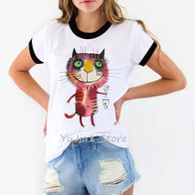 Футболка женская с принтом кота и рыбы, милый топ в стиле Харадзюку, милая белая футболка с котёнком, уличная одежда 90-х, под заказ 2024 - купить недорого