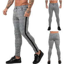 Casual Mens Chinos Cotton Slim Fit Men Pants Trousers Skinny Chinos Pants Grey Ankle Length Streetwear Plaid Side Stripe Pants 2024 - buy cheap