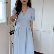 French Elegant Simple V-Neck Waist Slim Puff Sleeve Dress 2021 New Women Dress Korean One-Piece Office Dress Female Vestidos 2024 - buy cheap