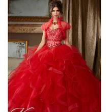 Vermelho barato quinceanera vestidos de baile querida tule frisado com jaqueta inchado doce 16 vestidos 2024 - compre barato
