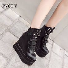BYQDY Wedge Heels Winter Boots Woman Gothic Punk Black Buckle Strap Zip Creeper Rivets Lady Shoes Mid Calf Military Combat Boot 2024 - buy cheap