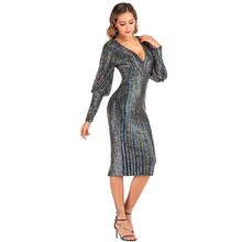 Skyyue расшитое блестками платье Coctail с v-образным вырезом и длинным рукавом длиной до колена платье коктейльное платье YM049 прямое коктейльное платье с разрезом 2024 - купить недорого