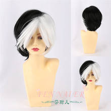 New Cruella Deville White Black Mixed Short Shaggy Layered Synthetic Cosplay Wig For Women Party Halloween + Wig Cap 2024 - buy cheap