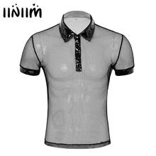 iiniim Mens See Through Sheer Fishnet Turn-down Collar Short Sleeves Hollow Out T-Shirt Muscle Tops Clubwear Moto Party Costumes 2024 - buy cheap