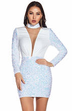 Minivestido de noche para mujer, vestido de fiesta de graduación, manga larga, escote en v profundo, ajustado, sexy, lentejuelas, corto, azul y blanco 2024 - compra barato