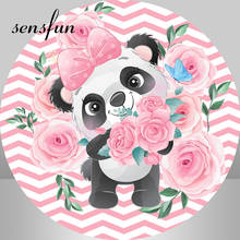 Round Circle Pink White Striped Flowers Cute Panda Backdrops Little Girls 1st Birthday Party Photograhy Backgrounds Customized 2024 - buy cheap