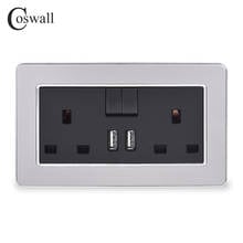 COSWALL 2 Gang 13A UK Standard Switched Socket dual USB Charge Port Output 2.1A Wall Outlet Stainless Steel Brushed Panel 2024 - buy cheap