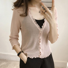 Thin Ice Silk Knitted Cardigan Sweater Women Summer 3/4 Sleeve Crop Top 2022 V-neck Single-breasted Loose Sunscreen Tops Y93 2024 - buy cheap