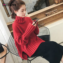 Camisola manga longa e grossa outono de malha, blusão feminino solto com gola alta, inverno coreano, 2020 2024 - compre barato