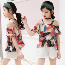 Girls Summer Clothes Sets Off-Shoulder Cotton Bohemian Print Tops Shirts White Shorts Outfits ensemble fille For 6 8 10 12 14 Y 2024 - buy cheap