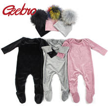 Geebro Newborn Baby Boys Girls Long sleeves Jumpsuits Soft Velvet Footies Baby Bodysuits Clothes pajama Pompon Beanies Hats Set 2024 - buy cheap