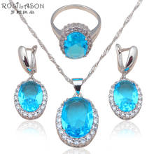 ROLILASON luz azul conjuntos de joyería de moda de plata sello AAA CZ pendientes collar anillos sz #5,5 #6,5 #7,5 #8,5 JS585 2024 - compra barato
