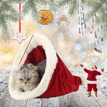 Милый мягкий спальный мешок в виде кошки, в форме рождественской шапки, теплый плюшевый коврик для кошки, успокаивающий портативный коврик для домашнего питомца, кошечки, аксессуары для щенков 2024 - купить недорого