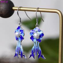 BOCAI S925 Sterling Silver Earrings Chinese Style Burnt Blue Cloisonne Flower Pearl Ear Drop Pure Argentum Jewelry for Women 2024 - buy cheap
