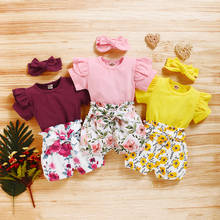 Roupas com babados para meninas 0-24m, verão, conjunto de roupas infantis de algodão, floral, shorts, 3 peças, roupas 2024 - compre barato