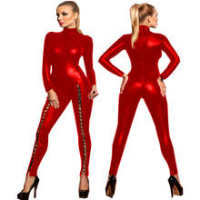 Plus Size Long Sleeve Bodycon Jumpsuit Women Leg Lace Up Jumpsuit Sexy Back Zipper To Crotch Catsuit Shiny Metallic Club Costume 2024 - buy cheap