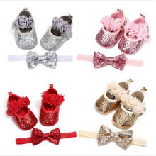 Newborn Baby Girl Shoes Sequins Glitter Crib Shoes Hairband Soft Sole Shoes Kids Party Princess Prewalker 0-18M 2024 - buy cheap